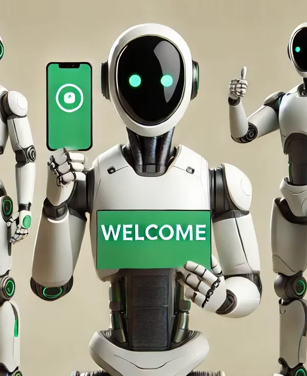 רובוט מחזיק שלט WELCOME וטלפון, ומקבל את חברי המועדון